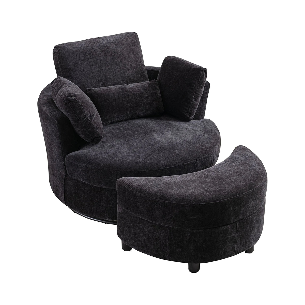 Black Combo Swivel Accent Barrel Chair with Chenille Upholstered Storage Bench Ottoman F497961