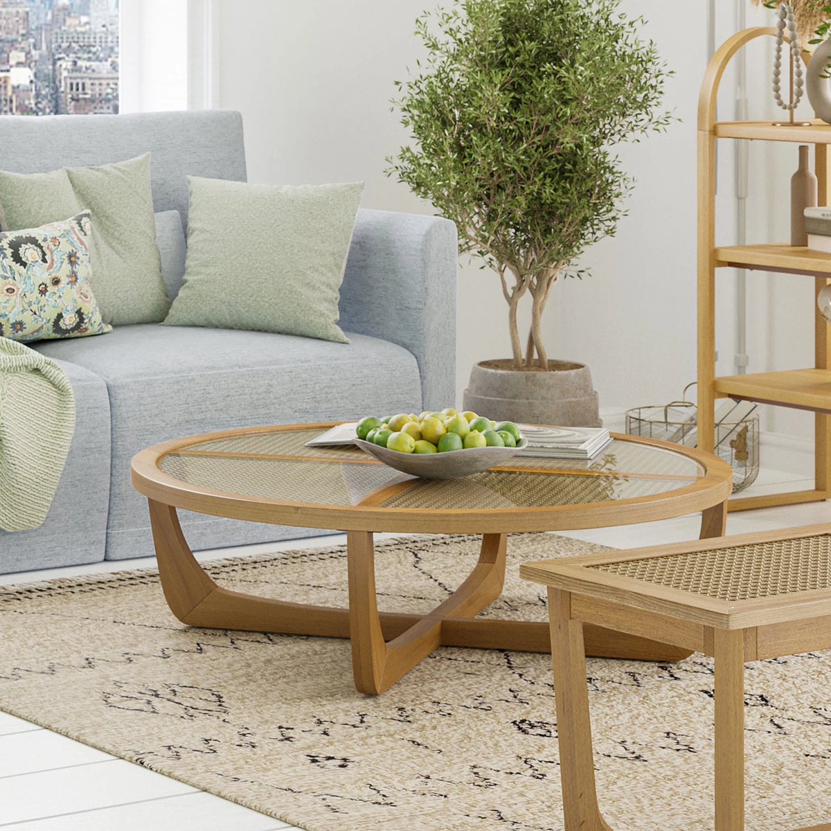 Rattan & Glass Coffee Table with Solid Wood Frame V870955