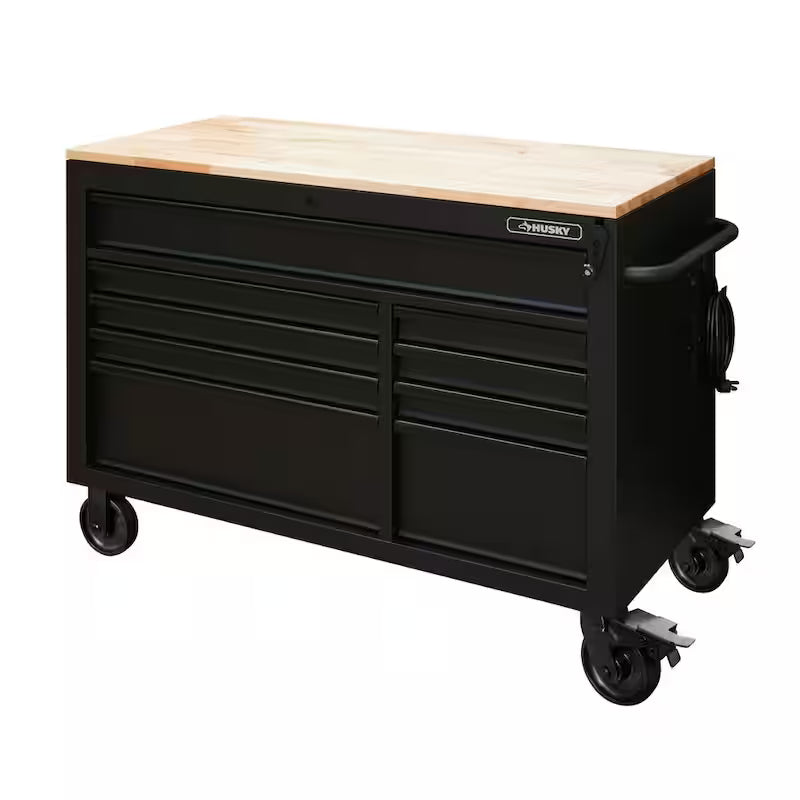Heavy Duty 9-Drawer Mobile Workbench Cabinet with Hardwood Top in Matte Black T698