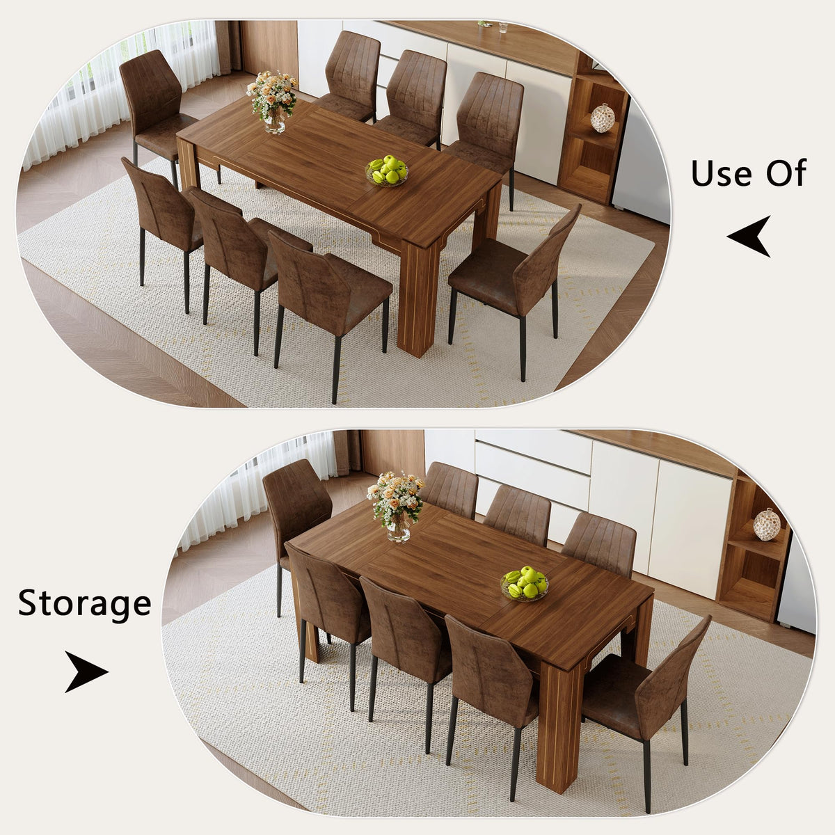 Walnut Dining Table Set with 8 Brown Fabric Chairs X191