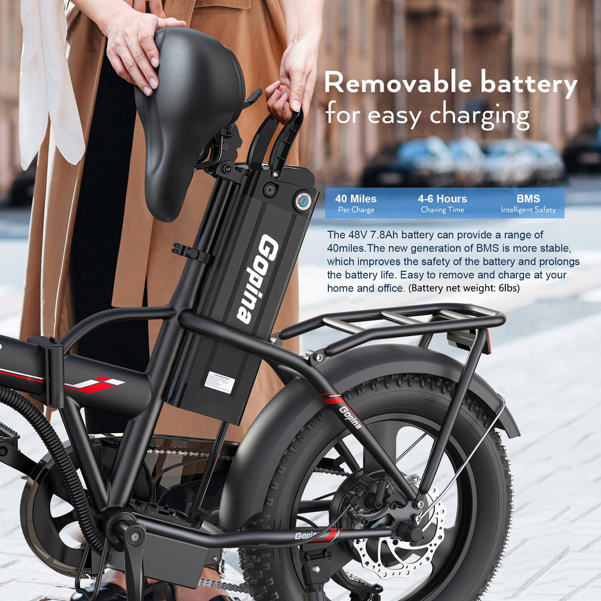 Peak 500W Step Over Electric Bicycle, 16" x 3.0 Fat Tire, 48V Removable Battery, 7 Speed P88844