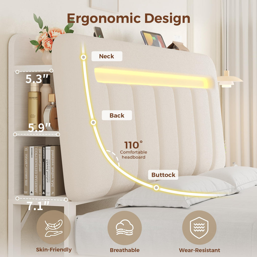 White Upholstered Storage Bed Frame Full Size with Drawers and Charging Station L6784
