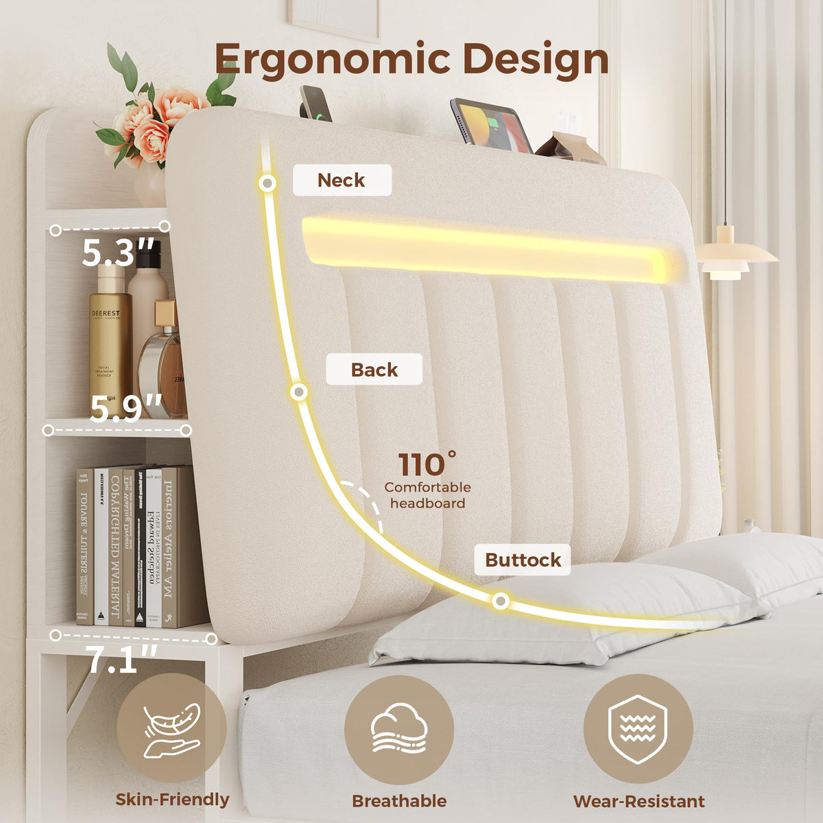 White Upholstered Storage Bed Frame Full Size with Drawers and Charging Station L6784