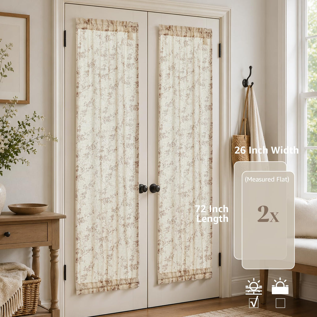 Taupe Linen Floral 72 Inch Rod Pocket Curtains 2 Panels D29799