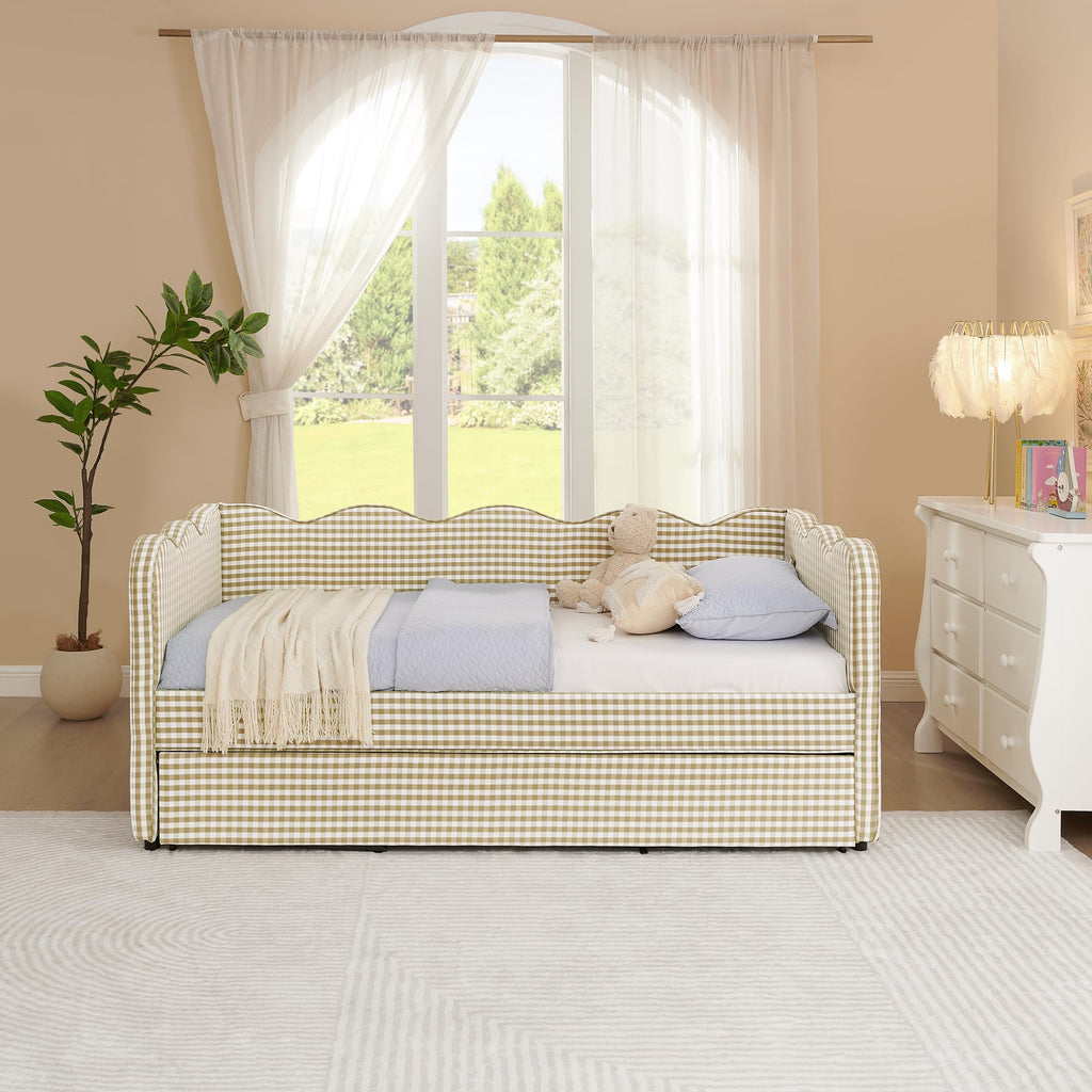 Twin Size Gingham Daybed with Trundle and USB Ports N804