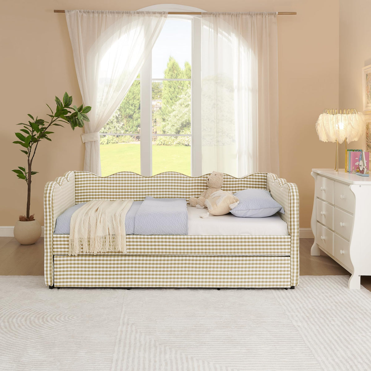 Twin Size Gingham Daybed with Trundle and USB Ports N804