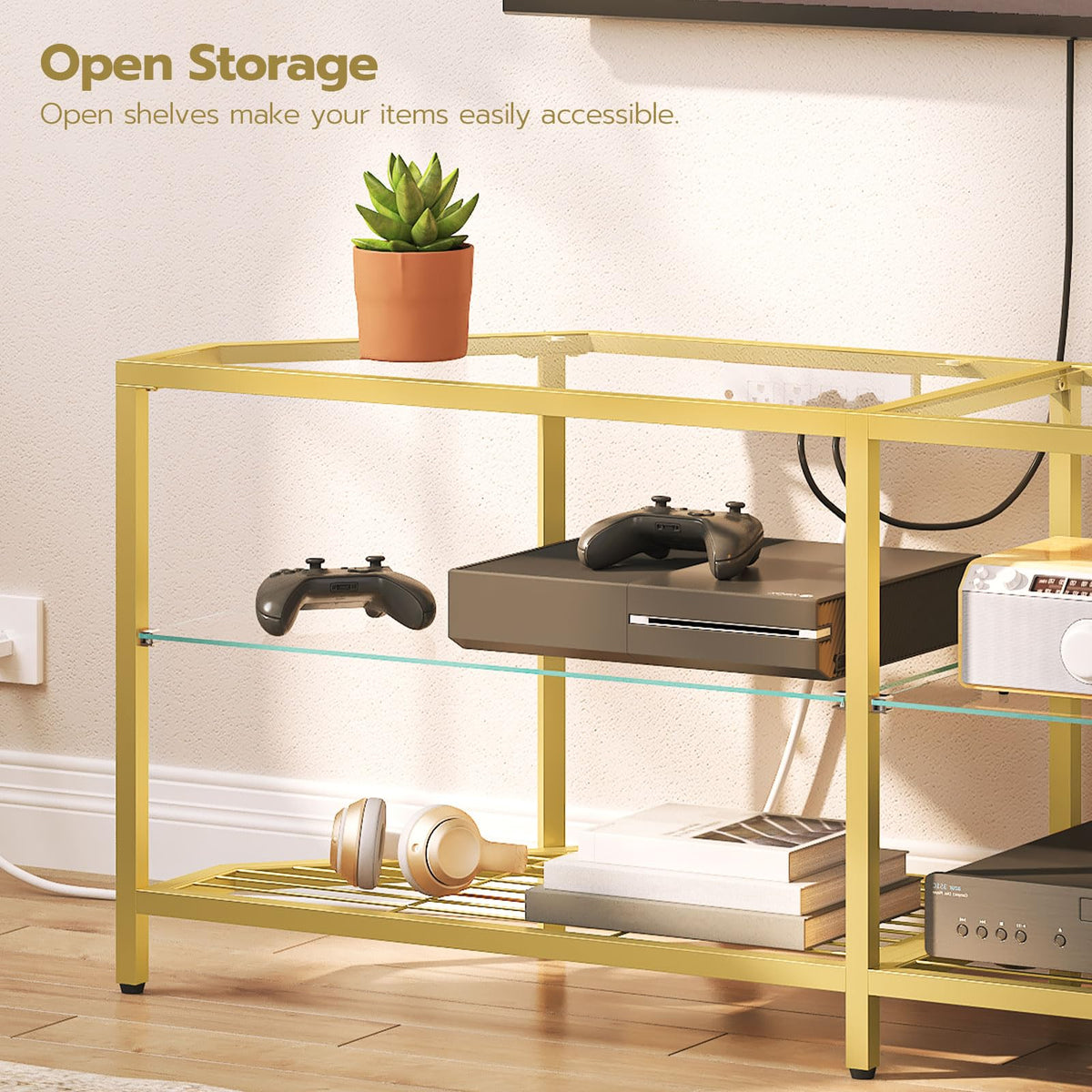 Corner TV Stand with Power Outlet, 55" Tempered Glass G4787