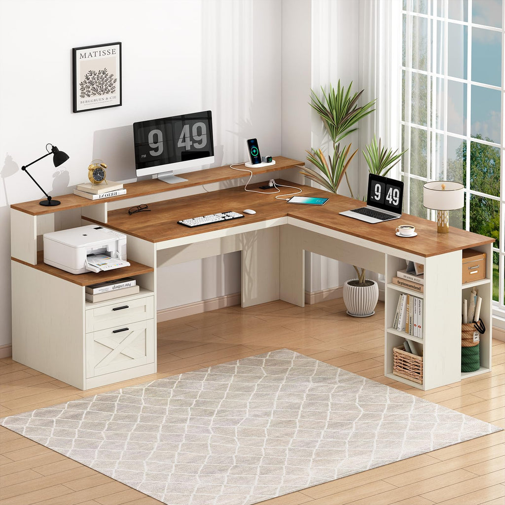 63" L Shaped Desk with Drawers and Storage Shelves Y8729