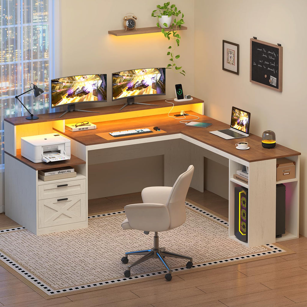 63" L Shaped Desk with Drawers and Storage Shelves Y8729