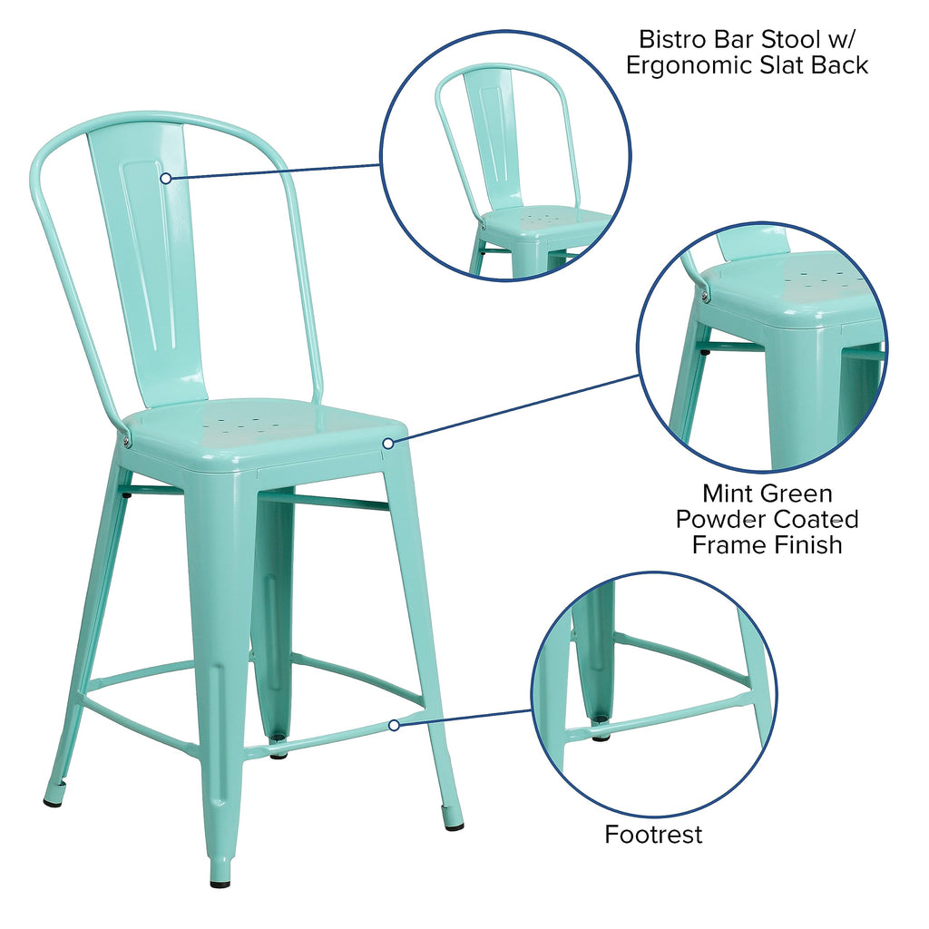 Mint Green Metal Counter Height Stool with Back J392