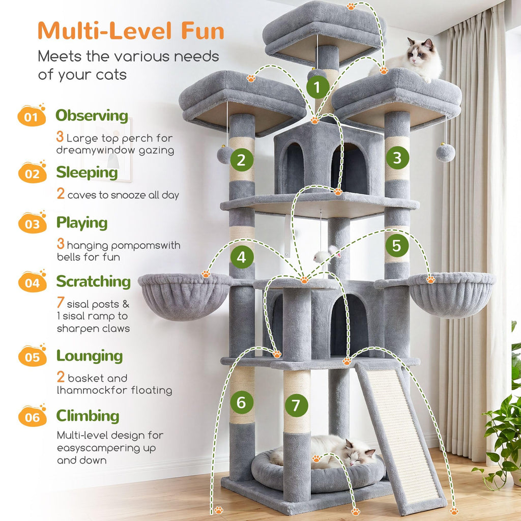 70 Inch Light Grey Cat Tree with Scratching Post W385352