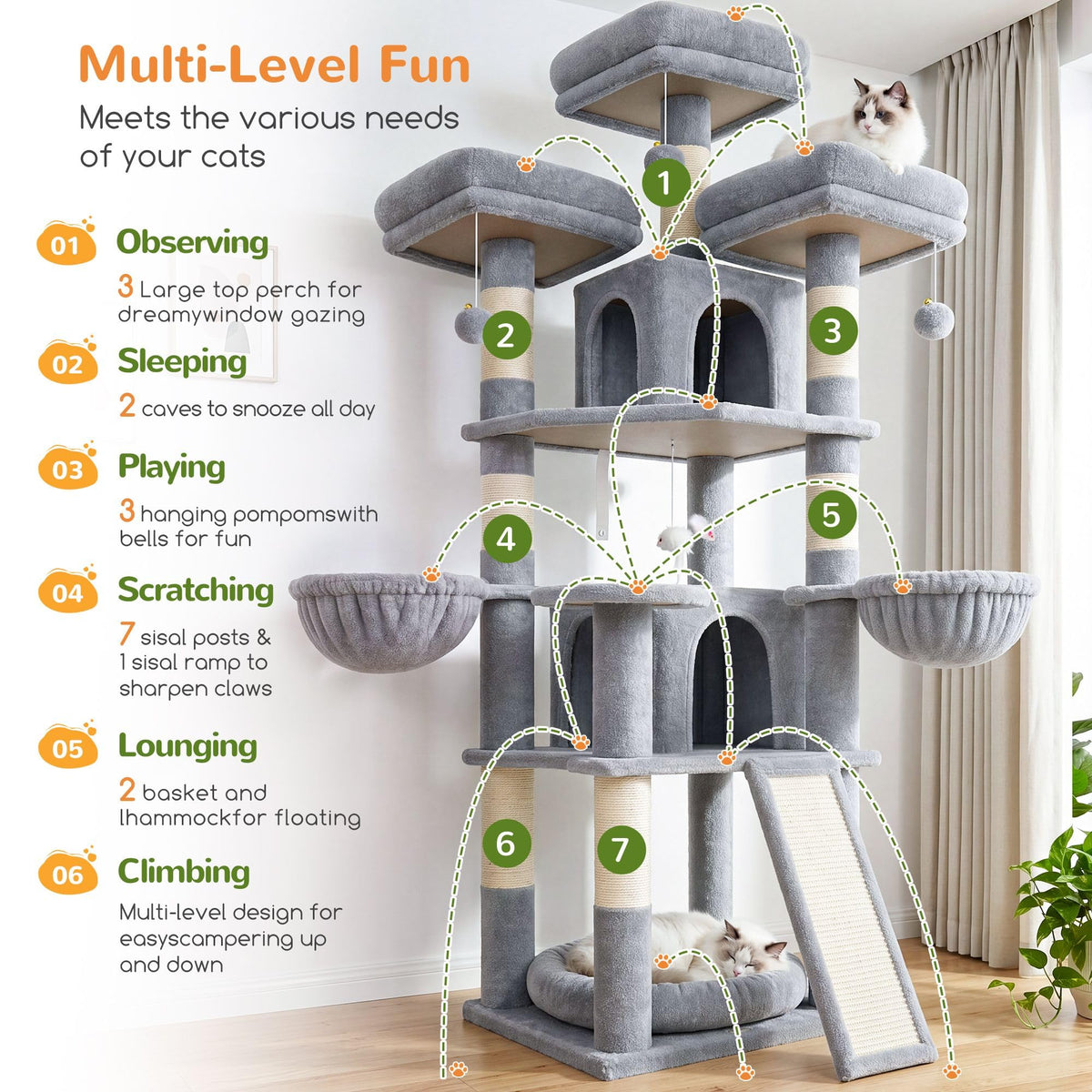 70 Inch Light Grey Cat Tree with Scratching Post W385352