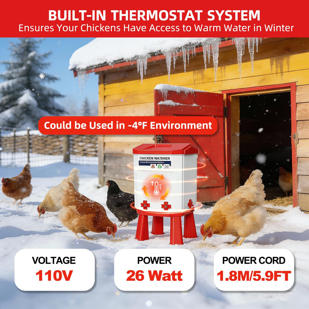 3-Gallon Heated Chicken Waterer with Heater and 4 Nipples N96280