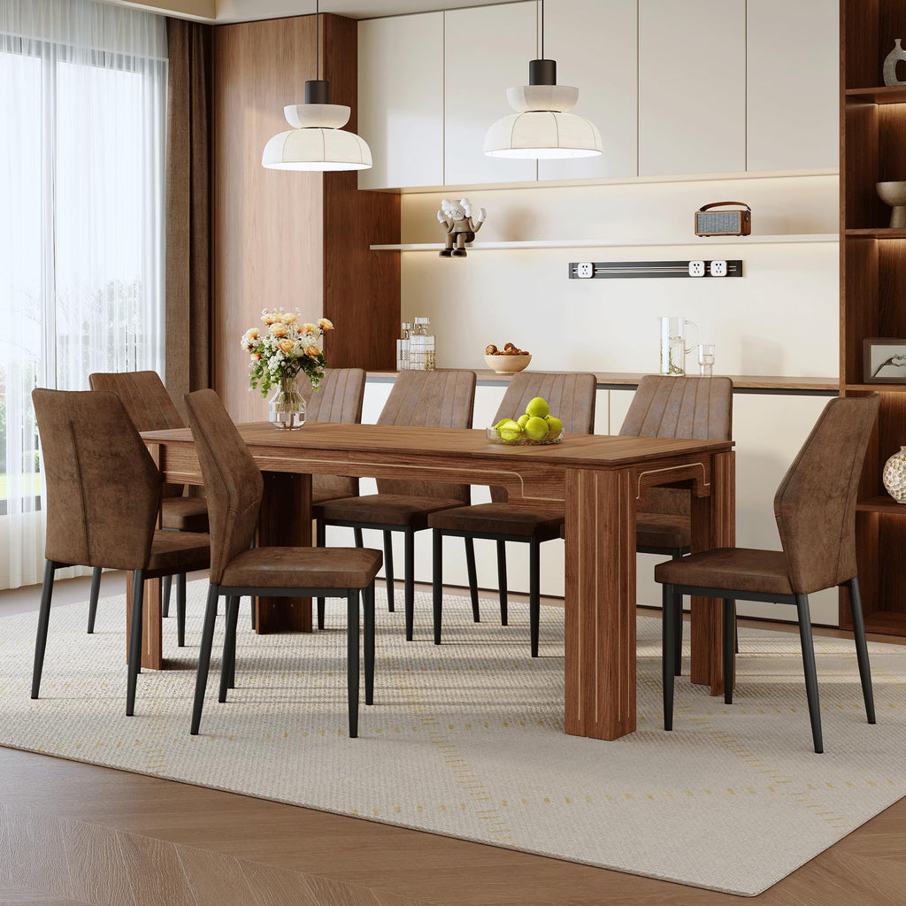 Walnut Dining Table Set with 8 Brown Fabric Chairs X191
