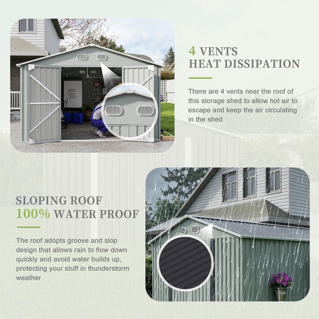 10x12 FT White Metal Storage Shed with Lockable Doors N609