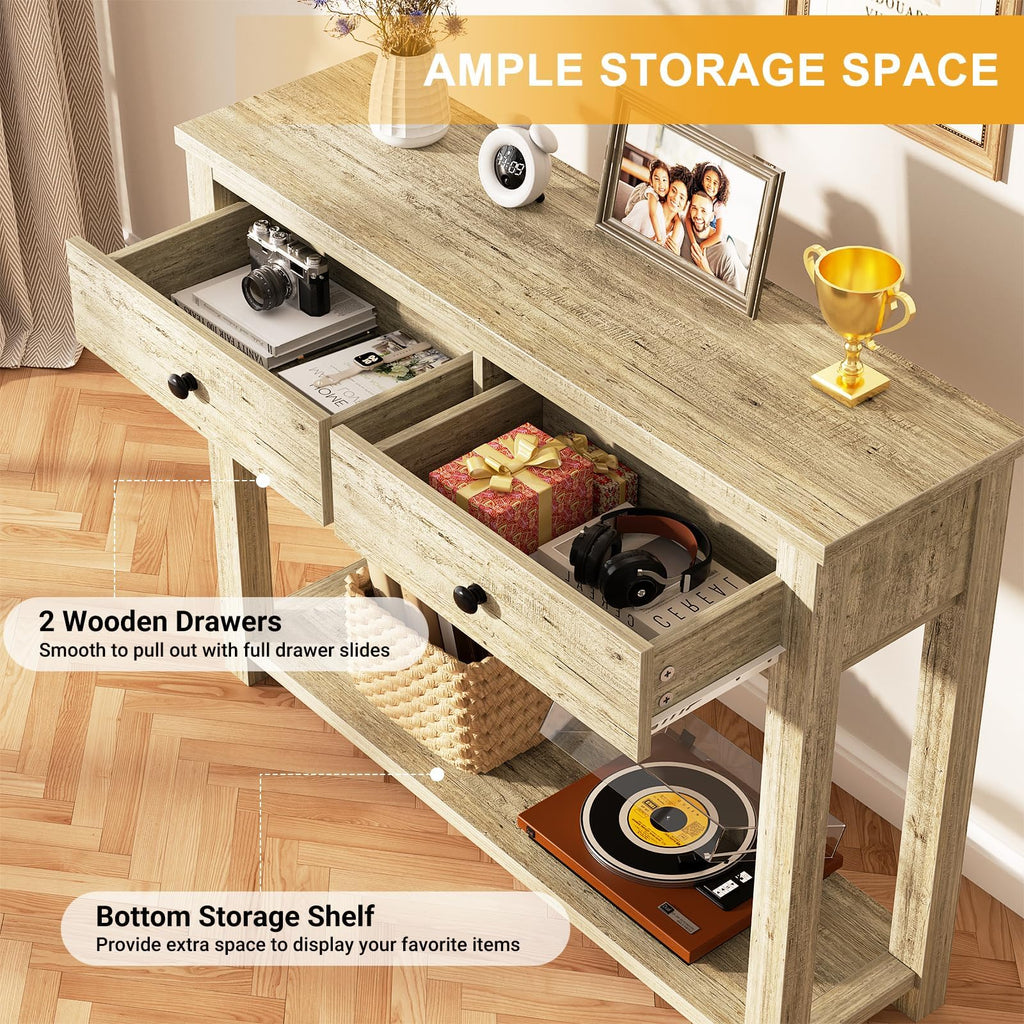 32 Inch Light Rustic Oak Console Table with 2 Drawers O390309