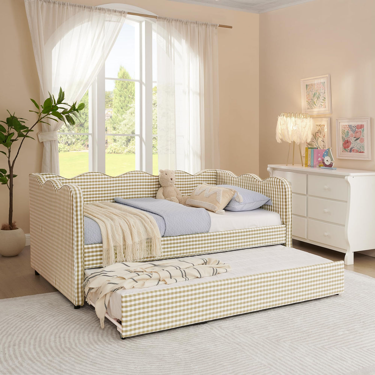 Twin Size Gingham Daybed with Trundle and USB Ports N804