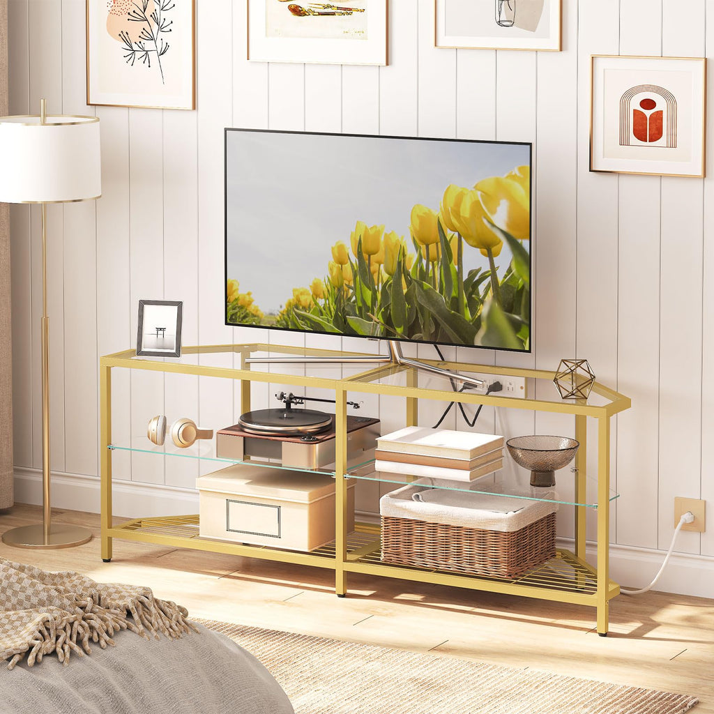 Corner TV Stand with Power Outlet, 55" Tempered Glass G4787