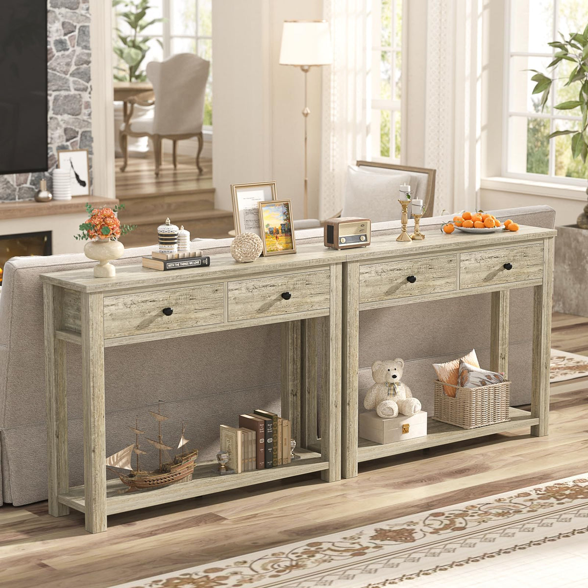 32 Inch Light Rustic Oak Console Table with 2 Drawers O390309