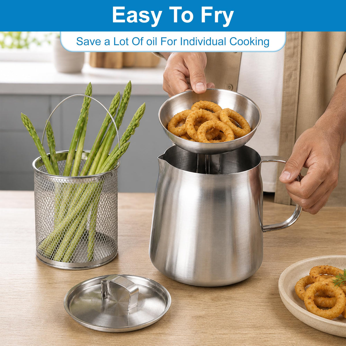 68oz Stainless Steel Oil Filter Pot with Fryer Basket E966