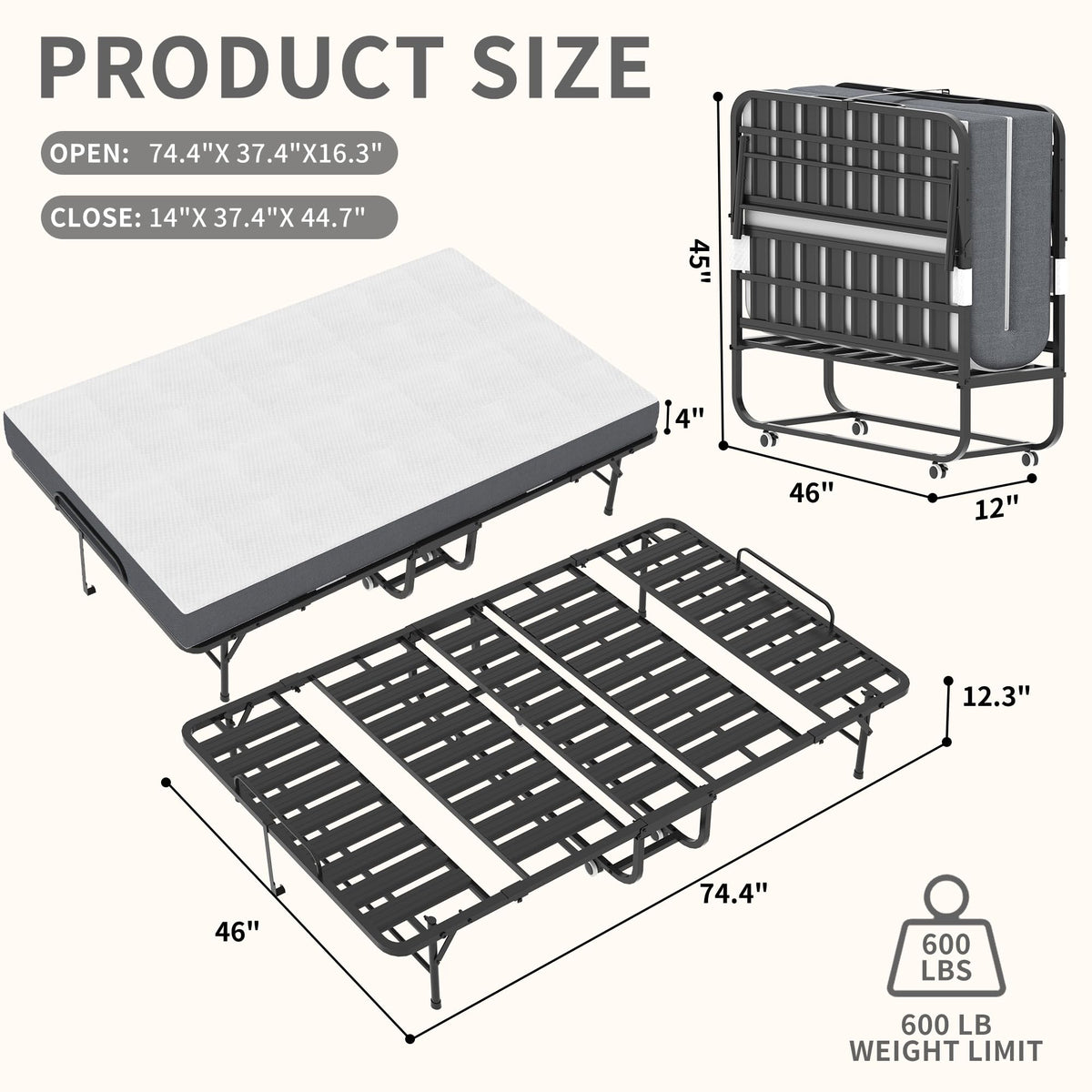 74"x 46" Folding Bed with Mattress W1224