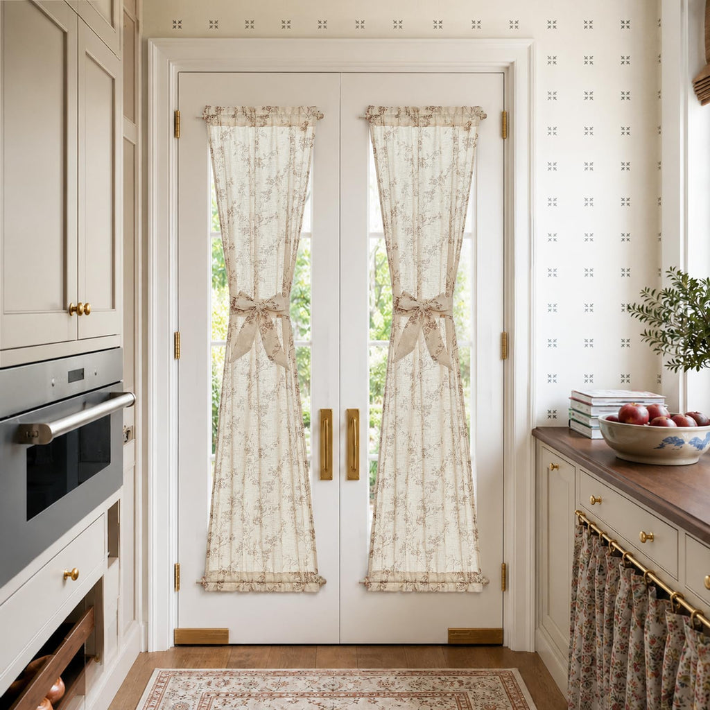 Taupe Linen Floral 72 Inch Rod Pocket Curtains 2 Panels D29799