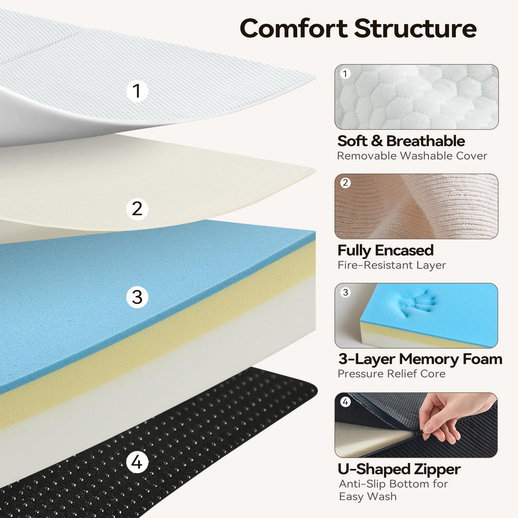 6 Inch Tri Fold Memory Foam Queen Mattress with Washable Cover Q74616