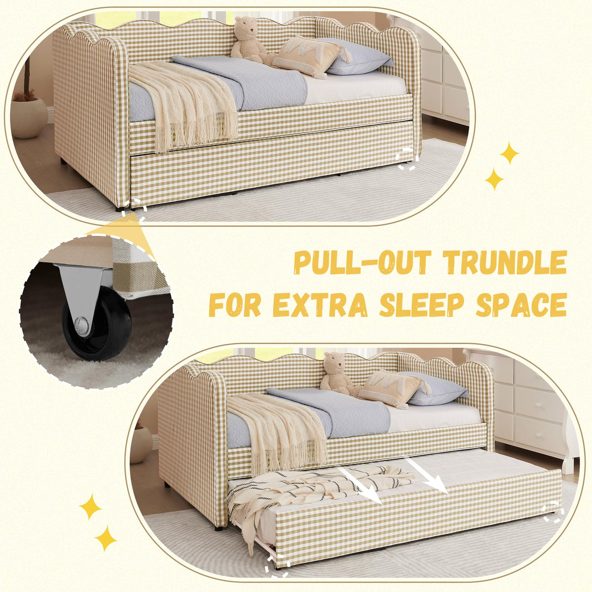 Twin Size Gingham Daybed with Trundle and USB Ports N804