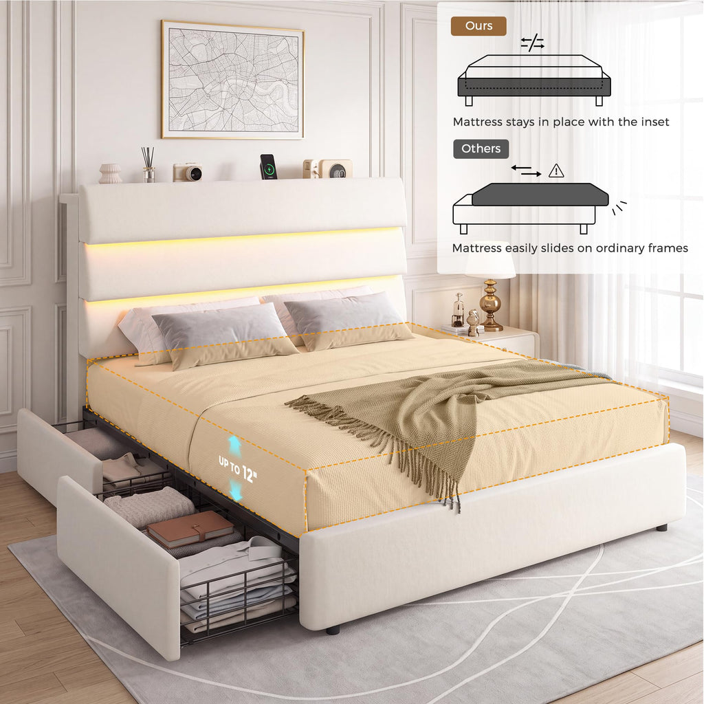 Beige Queen Size Bed Frame with 2 Storage Drawers Q6148