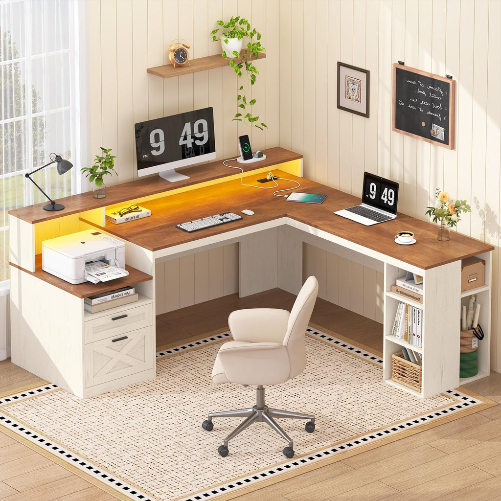 63" L Shaped Desk with Drawers and Storage Shelves Y8729