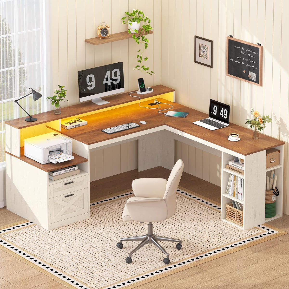 63" L Shaped Desk with Drawers and Storage Shelves Y8729