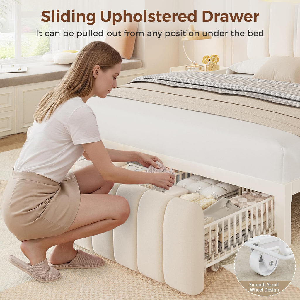 White Upholstered Storage Bed Frame Full Size with Drawers and Charging Station L6784