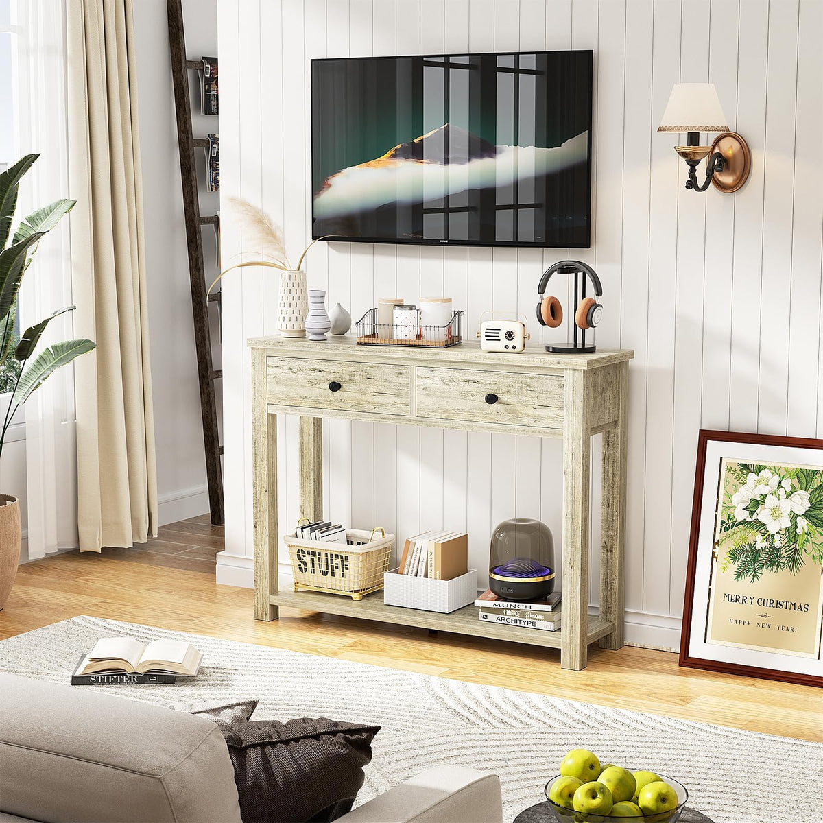 32 Inch Light Rustic Oak Console Table with 2 Drawers O390309