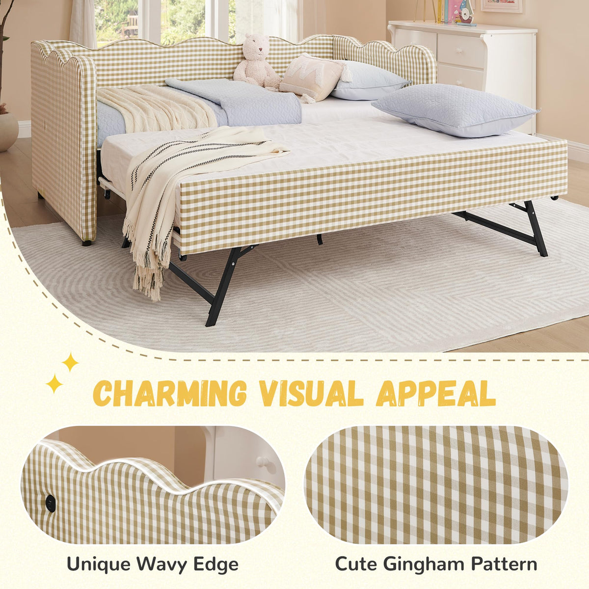 Twin Size Gingham Daybed with Trundle and USB Ports N804