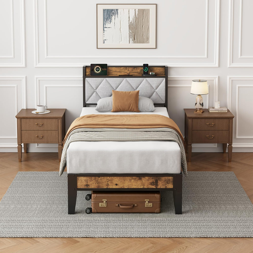 Twin Platform Bed Frame with USB Charging Ports L5688