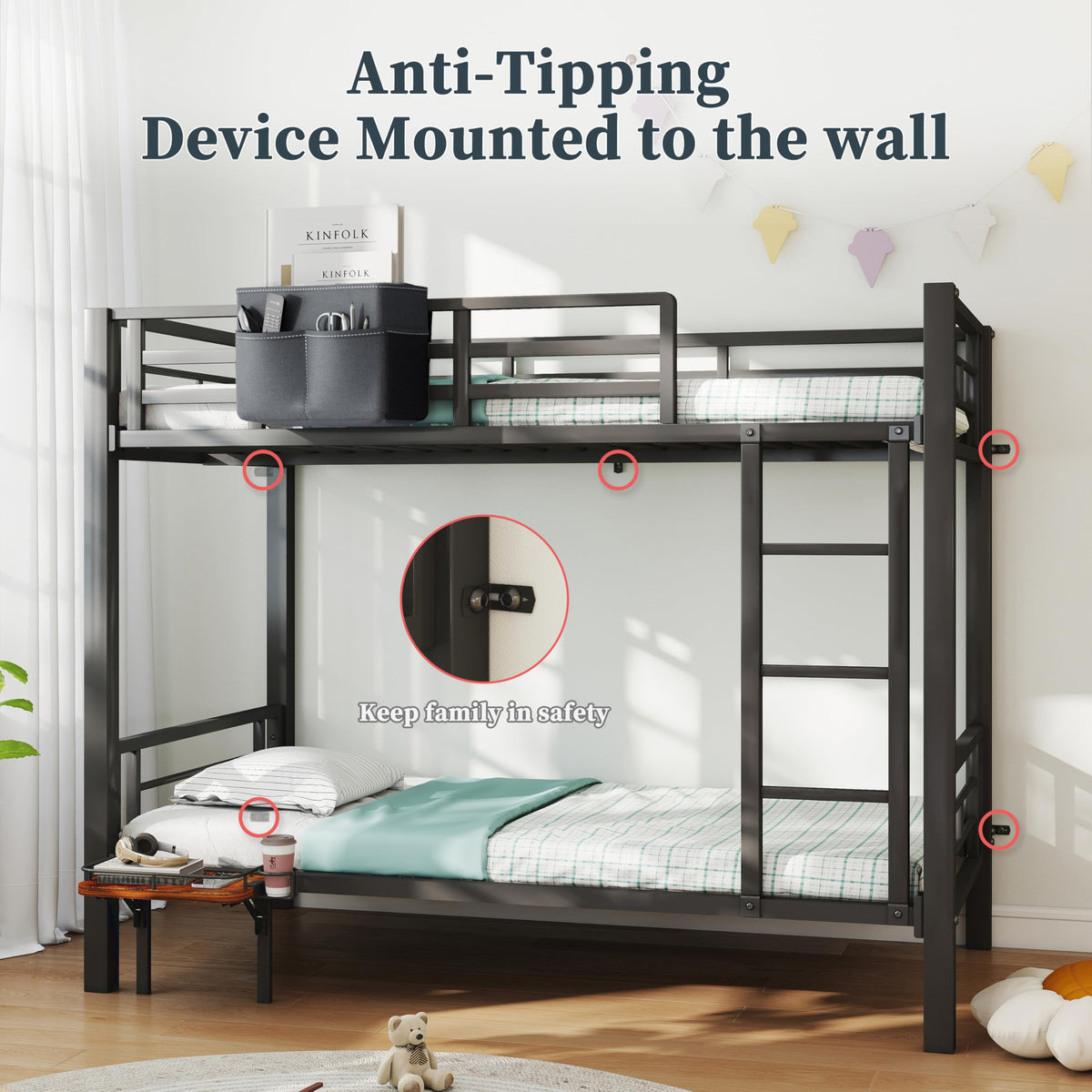 Twin Over Twin Heavy Duty Metal Bunk Bed with Guardrail S3243
