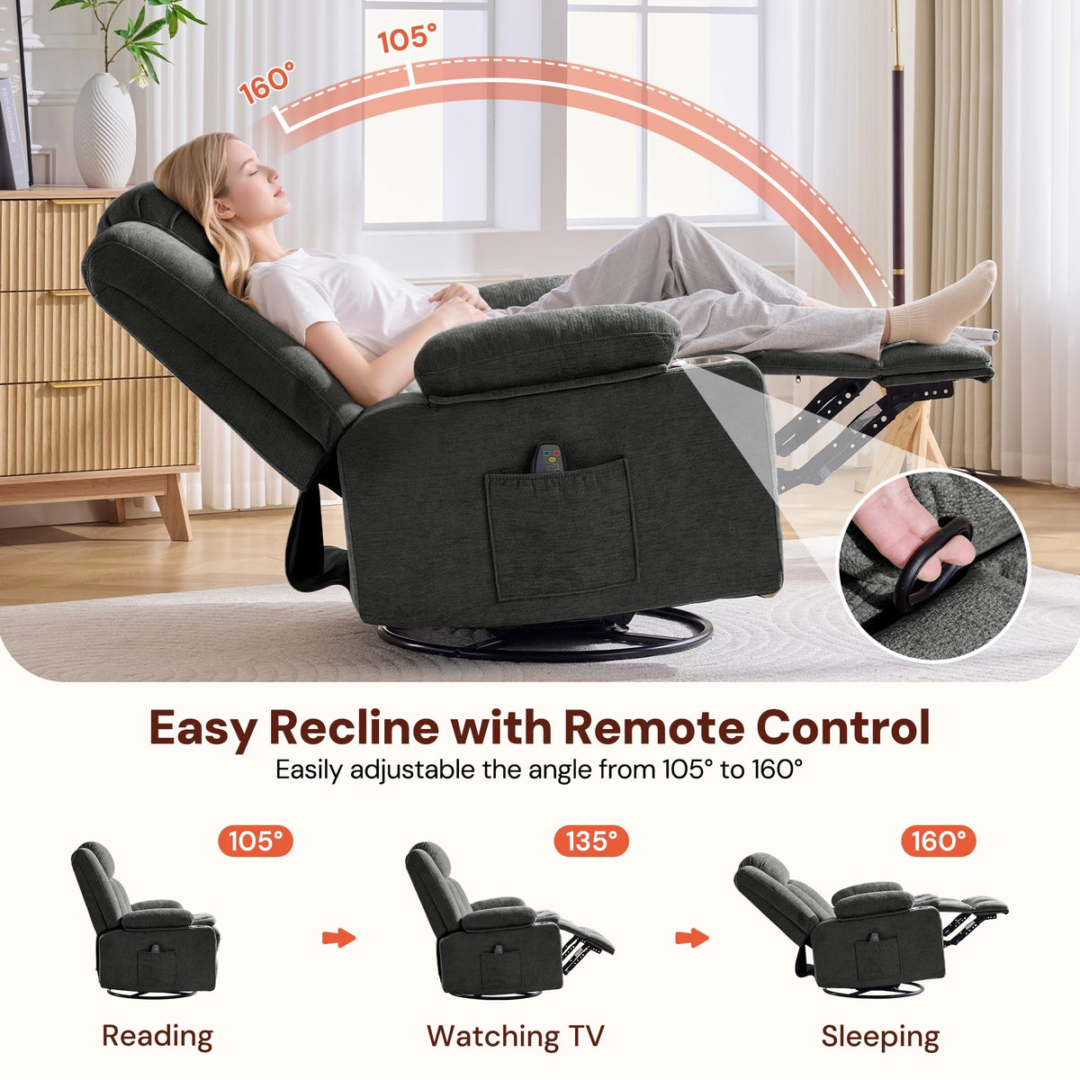 Grey Chenille Swivel Rocker Recliner with Massage and Heat H524