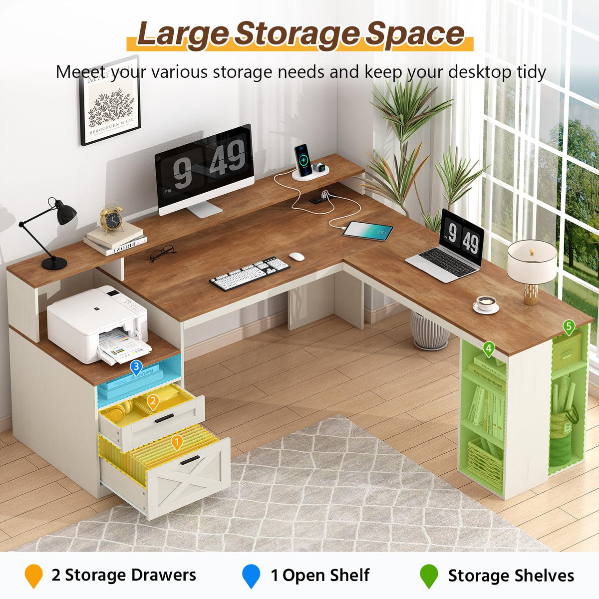 63" L Shaped Desk with Drawers and Storage Shelves Y8729