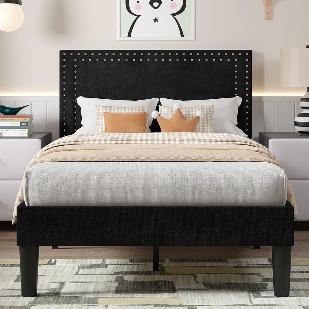 Twin Size Black Platform Bed Frame with Adjustable Upholstered Headboard J582