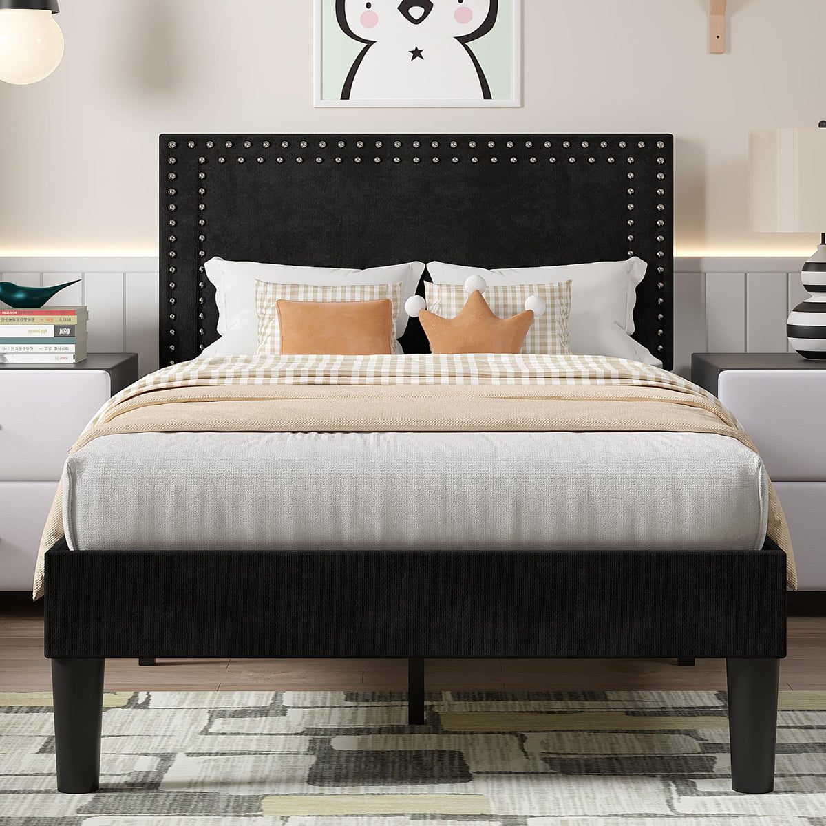 Twin Size Black Platform Bed Frame with Adjustable Upholstered Headboard J582