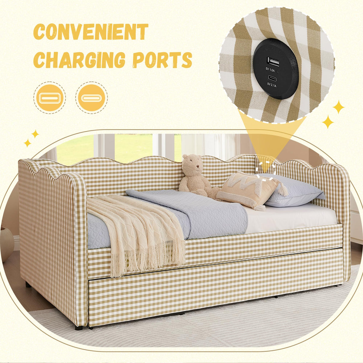 Twin Size Gingham Daybed with Trundle and USB Ports N804