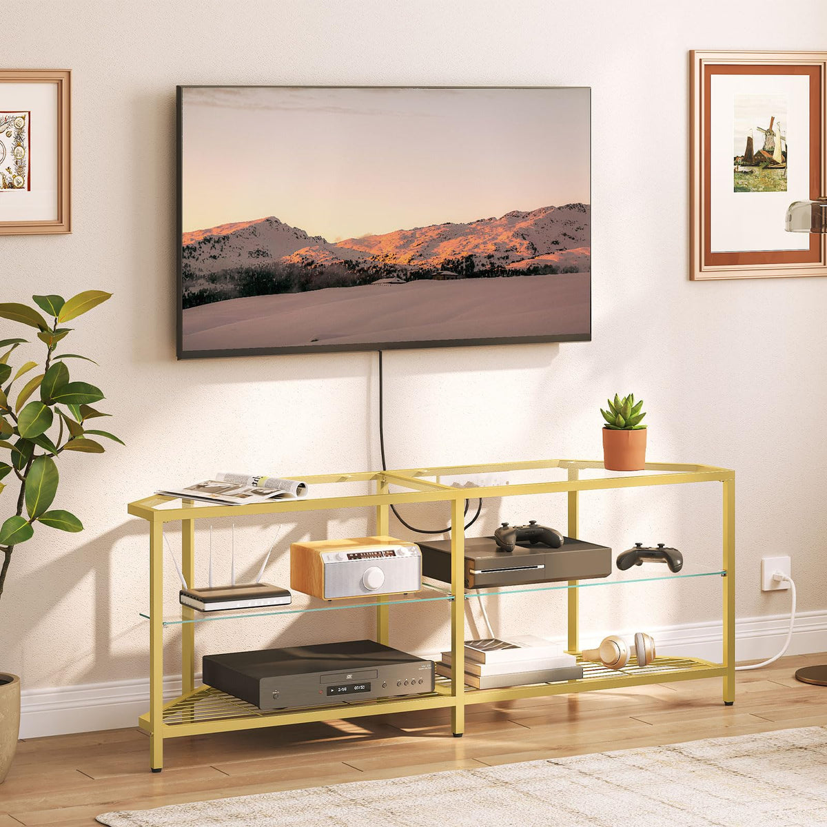 Corner TV Stand with Power Outlet, 55" Tempered Glass G4787