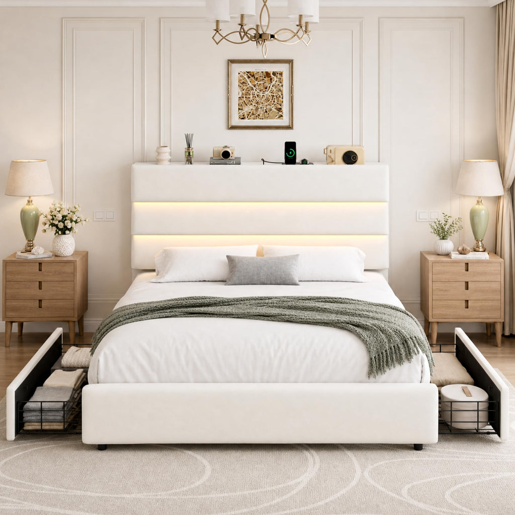 Beige Queen Size Bed Frame with 2 Storage Drawers Q6148