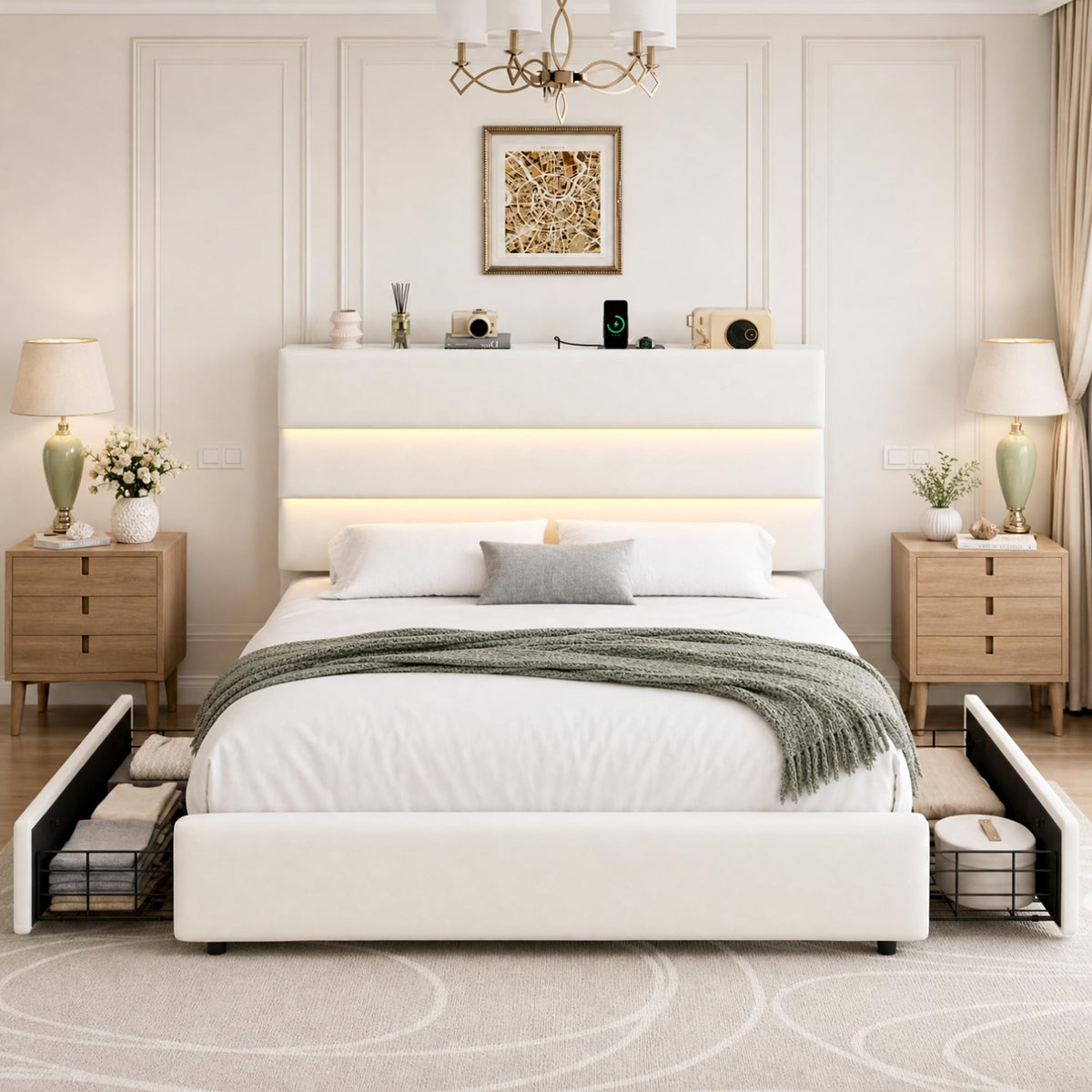 Beige Queen Size Bed Frame with 2 Storage Drawers Q6148