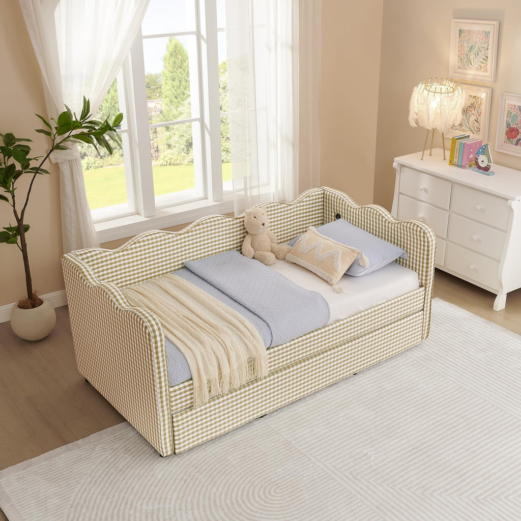 Twin Size Gingham Daybed with Trundle and USB Ports N804