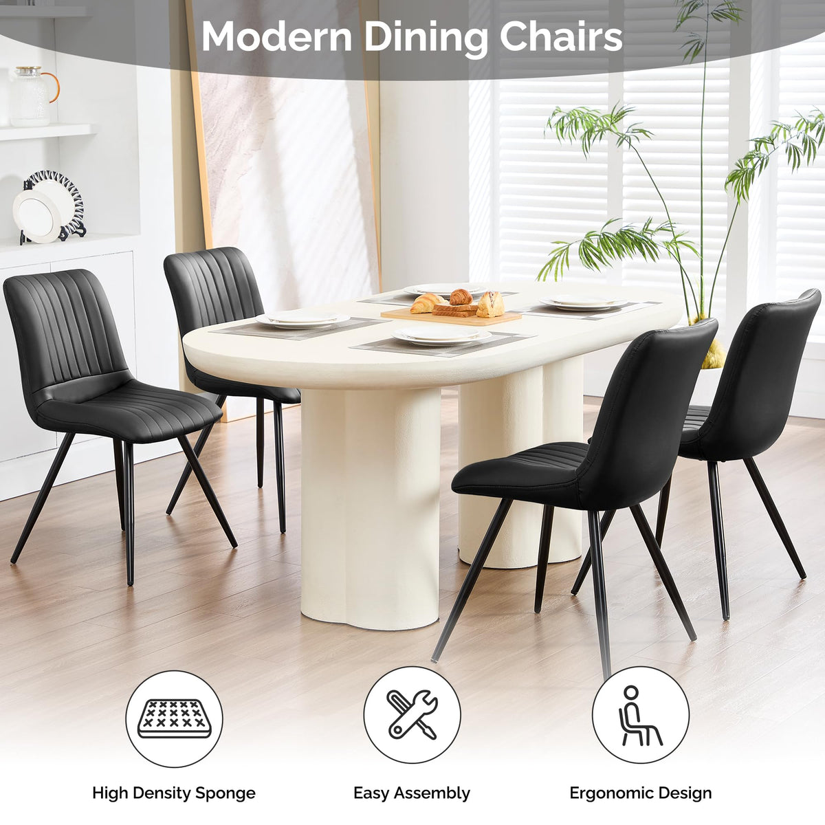 Black Dining Chairs Set of 4 PU Leather Metal Legs T221760