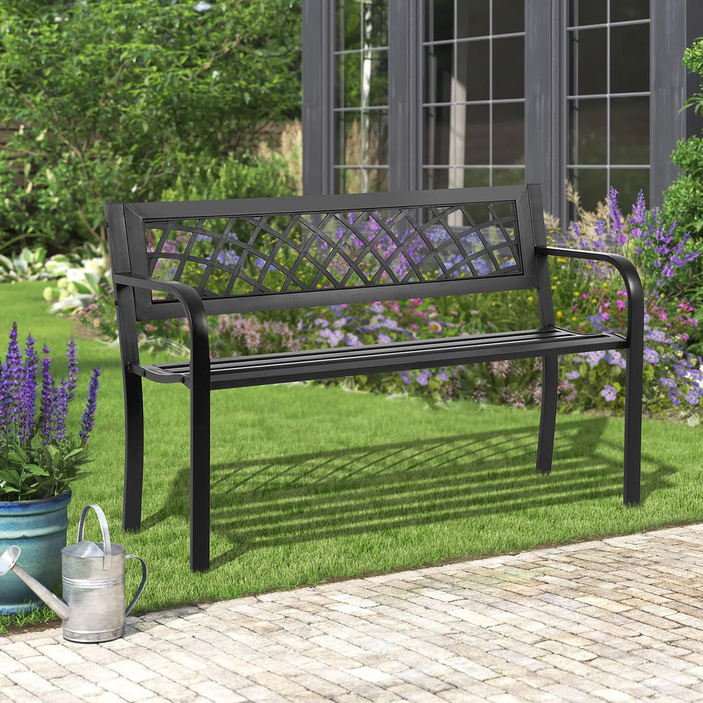 Black Iron Steel Outdoor Bench with Backrest and Armrests A8219