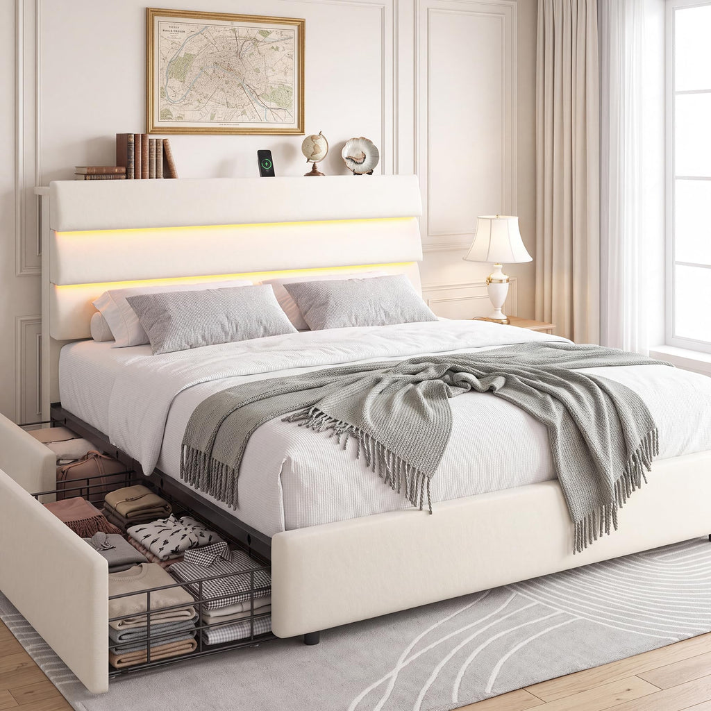 Beige Queen Size Bed Frame with 2 Storage Drawers Q6148