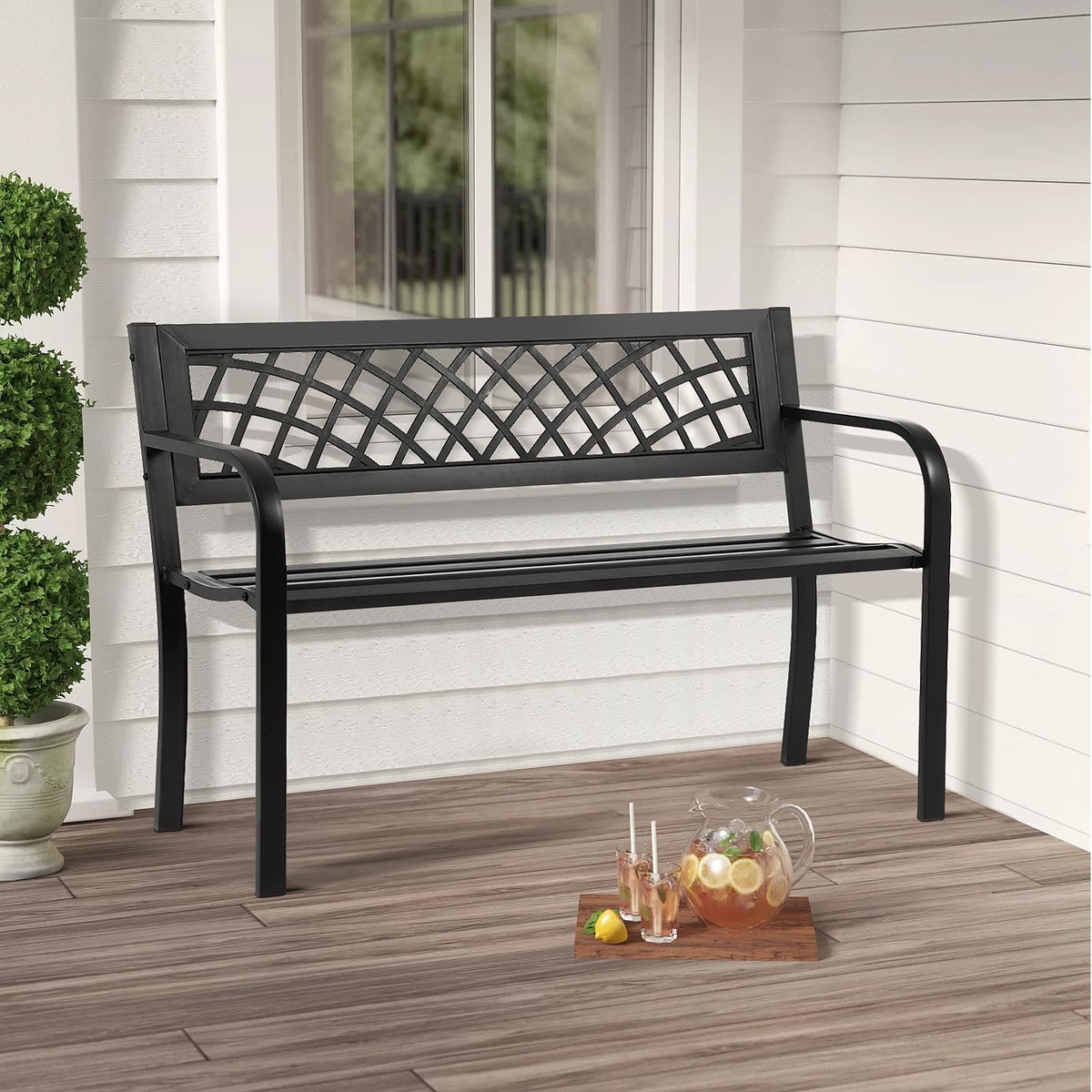 Black Iron Steel Outdoor Bench with Backrest and Armrests A8219