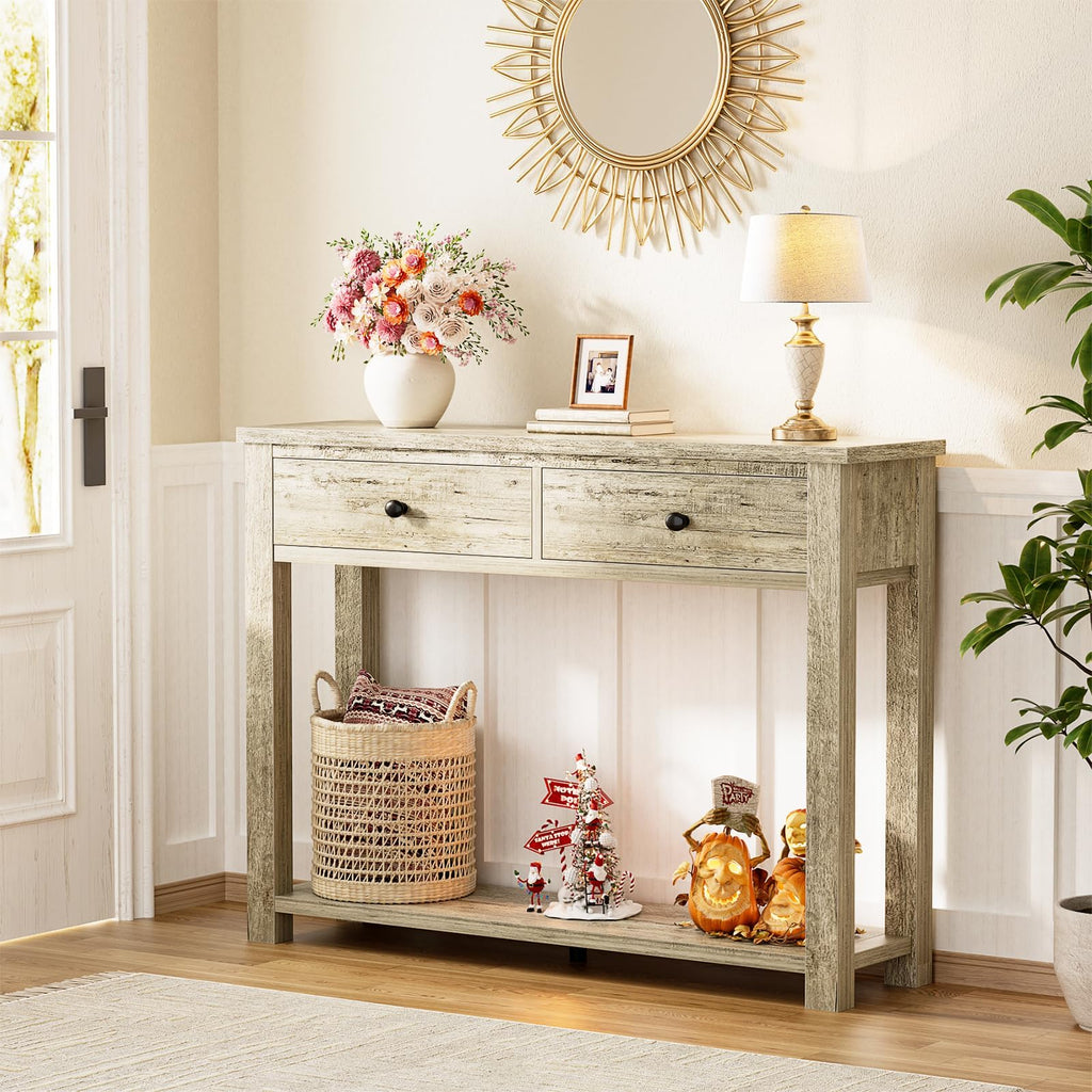 32 Inch Light Rustic Oak Console Table with 2 Drawers O390309